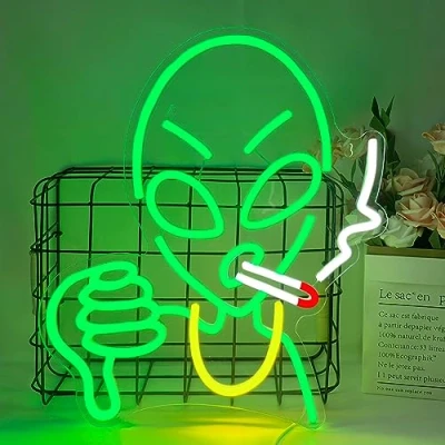 Imagen de Señal de neón alienígena luces extraterrestre Luz verde alimentada por USB Para bar, sala juegos, sala, fiesta, decoración pared navideña, letrero