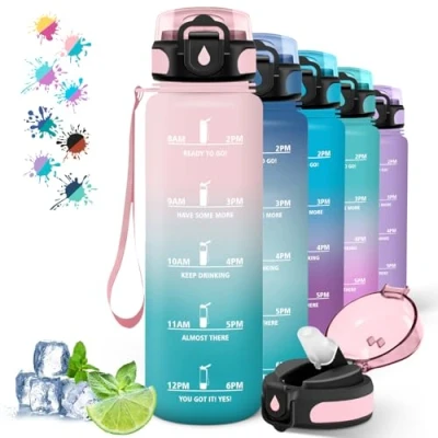 Imagen de Botella Agua 1 Litro, Gimnasio con Pajita, Reutilizable, Marca de Tiempo, Gym, A Prueba Fugas, para Cámping, Yoga, Correr, Senderismo, Rosa cian