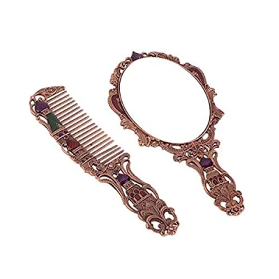 Imagen de 2 unids/set cepillo vintage peine y espejo conjunto para las mujeres ruso castillo herramienta de belleza portátil (cobre)