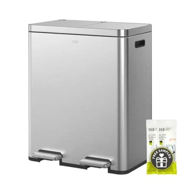Imagen de EKO cubo de basura Edison con 2 compartimentos, x 30 L, pedales y tapas independientes, sistema separación residuos cocina, doble interior, cierre suave, antihuellas dactilares,