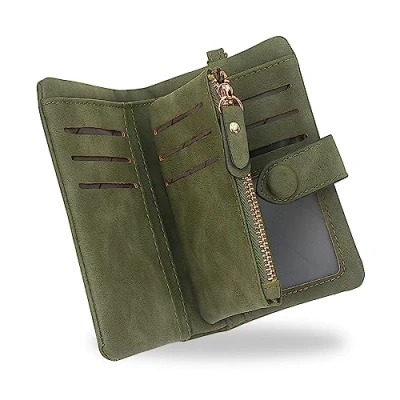 Imagen de conisy Cartera Mujer Pequeña con protección RFID, Gran Capacidad Corta Monedero de Suave Cuero Correas Muñeca (Verde Oscuro)