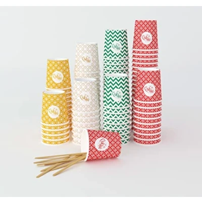 Imagen de SARA 400 Vasos Carton Desechables Multicolor para Café Espresso de 4 onzas 110 ml con Agitadores Madera, Ecológicos y Desechables, Resistentes al Calor