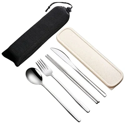 Imagen de VANRA Juego de cubiertos acero inoxidable para adultos 4 piezas con estuche utensilios reutilizables tenedor, cuchara, cuchillo, palillos el almuerzo (plata）