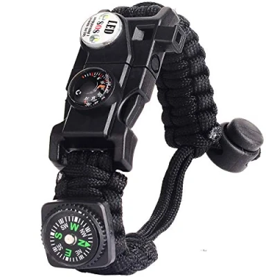 Imagen de Pulsera Paracord Supervivencia España, Camuflaje con Flint + Brújula Termómetro Silbato, para Caminatas en Canchas de Camping u Otras Actividades al Aire Libre (Negro)