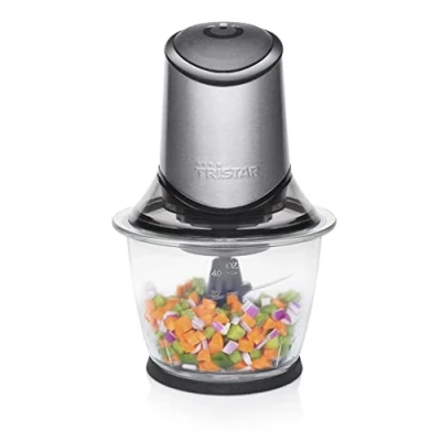 Imagen de Tristar BL 4019 picadora eléctrica de alimentos, 4 Hojas Acero Inoxidable, Bol Cristal con indicador nivel 1.2 L, cocina para carne, verdura, fruta y hielo, 400 W