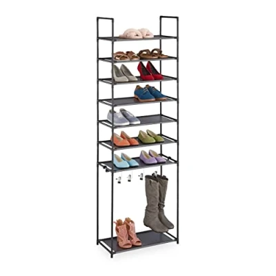 Imagen de Relaxdays Zapatero Botas 8 Baldas, Sistema de Encajado, 16 Pares Zapatos, 4 Ganchos, Metal y Tela, Color Negro, Acero, 186 x 60 30 cm