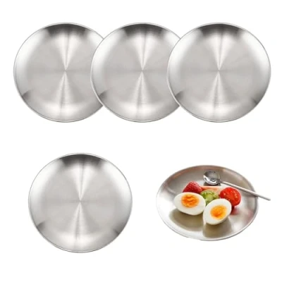 Imagen de ZHYUAN 4 platos redondos de acero inoxidable 20 cm, inoxidable, metal, para camping, pícnics, senderismo, cocina,