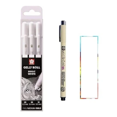 Imagen de SAKURA Gelly Roll White, Bolígrafos Bright White en estuche, Mix Size 05/08/10 Pigma Micron Black 05