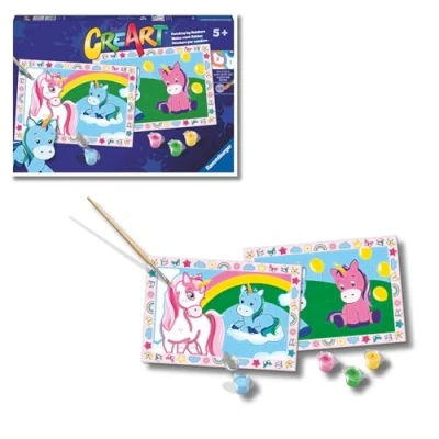 Imagen de Ravensburger CreArt Serie Junior: Divertidos unicornios, Kit para Pintar por Números, Contiene dos Tablas Preimpresas, un Pincel, Colores, Juego Creativo Niños y Niñas 5+ Años