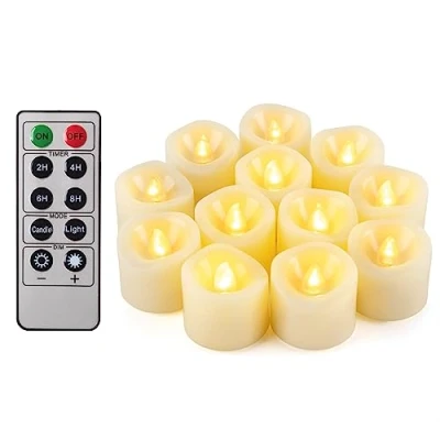 Imagen de velas de té votivas LED parpadeantes sin llama con mando a distancia funciona pilas juego 12 eléctricas para exteriores Navidad decoraciones (pilas incluidas) 200 horas