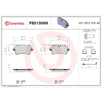 Imagen de BREMBO P85150NX Juego de pastillas freno con contacto avisador desgaste tornillos pinza freno, Chapa antichirridos accesorios