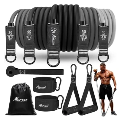 Imagen de Bandas elasticas musculacion, 5 Pesos Diferentes, Set de Fitness con Asas, Correas Tobillo y Anclaje Puerta, para Gimnasio en Interiores Exteriores, Fisioterapia Regalos