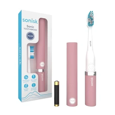 Imagen de Sonisk Pulse Cepillo de dientes eléctrico a pilas Tecnología Sonic 1 batería, 2 cabezales cepillo, estuche viaje incluido 31,000 golpes por minuto Tamaño portátil Rosa polvoriento