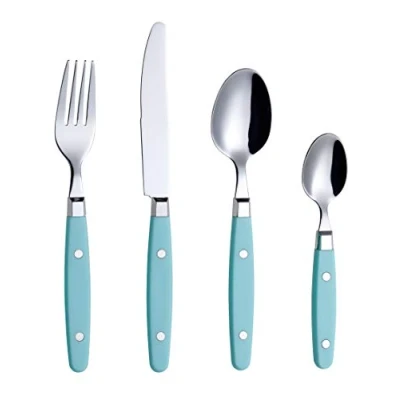 Imagen de Exzact Cuberterías 24 Piezas Acero Inoxidable con Asas de Remache artesanales/Cubiertos Estilo Retro 6 x Tenedores, Cuchillo, cucharas Mesa, té (Negro)