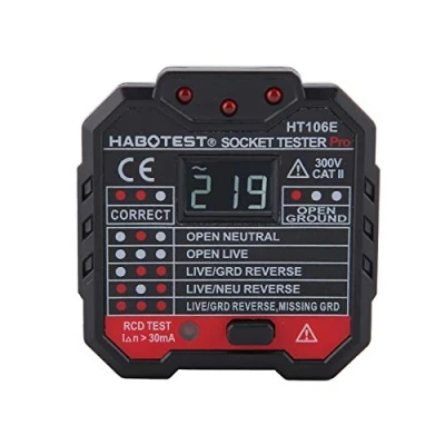 Imagen de Akozon Comprobador de Enchufes 7 modos Detector Polaridad Circuito Probador Fugas Prueba RCD (HT106D) (EU)