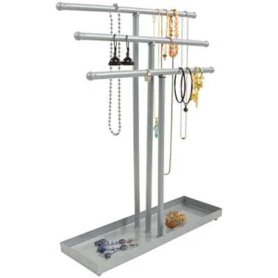 Imagen de BELLE VOUS Organizador de Joyas Metal Plateado 3 Niveles con Bandeja Base Almacenamiento Colgador Collares Sobremesa Soporte Joyas, Brazaletes, Anillos, Relojes y Pendientes