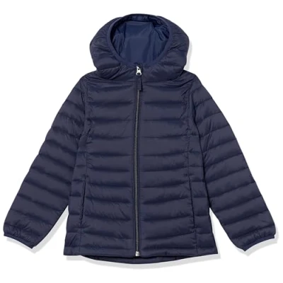 Imagen de Amazon Essentials Chaqueta Acolchada con Capucha, Plegable, Ligera y Resistente a la Lluvia Niña, Azul Marino, 10 años