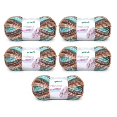 Imagen de Gründl Mohanna Ovillo de lana para tejer y ganchillo (90% poliacrílico, 10% mohair, 5 x 100 g, gruesa, color verde marrón camel)