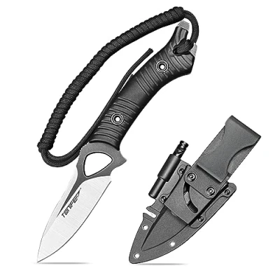 Imagen de TONIFE Explorer Cuchillo de Hoja Fija con Funda 8Cr14MoV Blade Multifuncional Supervivencia, Fibra Vidrio Reforzada Mango Nylon para EDC Cuchillo(Negro+Negro Titanio y Satén)