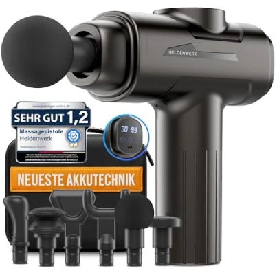Imagen de HELDENWERK pistola de masaje con 6 cabezales y 30 velocidades, conector USB C pantalla táctil LCD, masajeador muscular, masaje, muscular