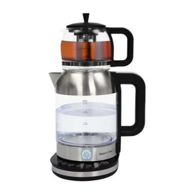 Imagen de SABUIDDS tetera de cristal 2 en 1, hervidor agua con filtro té acero inoxidable, para café y té, turca tradicional, sin BPA, 1800 W, oficinas, hoteles,