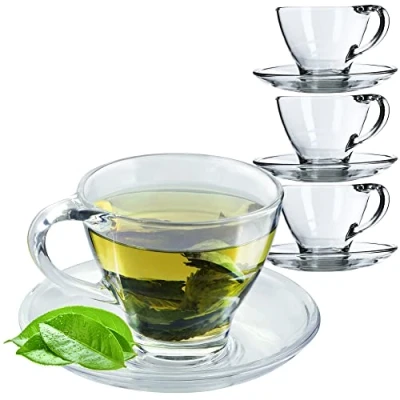 Imagen de KADAX juego de tazas cristal con base, 200 ml/250 ml, transparente, taza té, café, plato, plato (4 unidades)