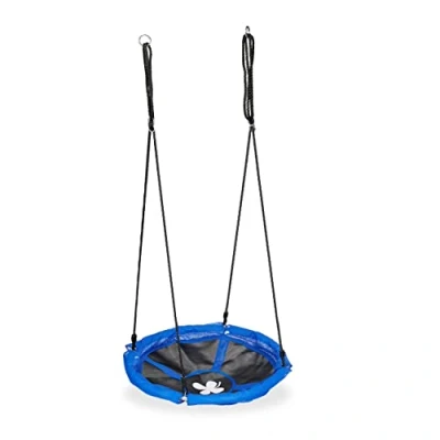 Imagen de Relaxdays Columpio Nido, 90 cm Ø, Niños y Adultos, Altura Regulable, hasta 100 kg, Balancín Colgante Jardín, Azul/Negro, Acero