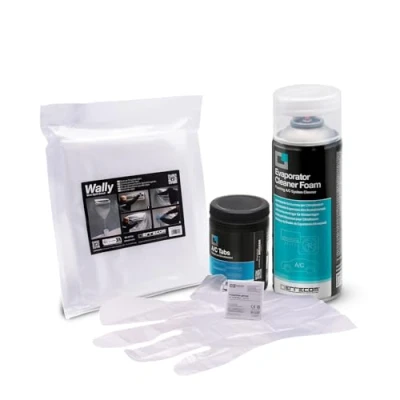 Imagen de ERRECOM Kit limpieza aire acondicionado, incluye Evaporator Cleaner Foam Limpiador espumoso, funda protectora Wally, A/C Tabs 40 pastillas para acondicionado de acción prolungada, guantes
