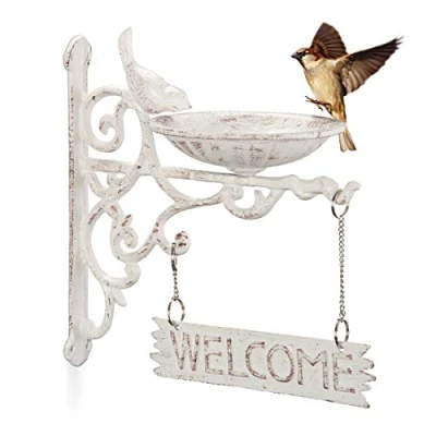 Imagen de Relaxdays Bebedero Pájaros Hierro Fundido Welcome, Decoración Jardín, Montaje Pared, Retro, Fuente Aves, Color Blanco