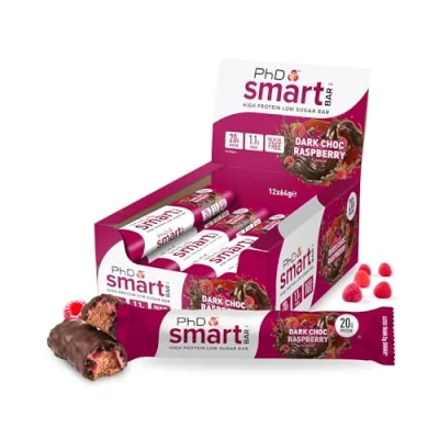 Imagen de PhD Nutrition Smart Bar barritas de proteína 12x64g Frambuesa y chocolate negro Snack proteico con 21g bajo en azúcar para una buena macronutrición