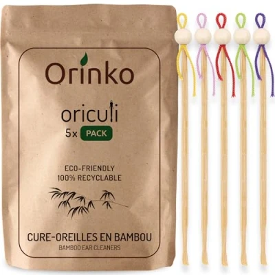 Imagen de ORINKO Oriculi de Bambú 5x Bastoncillo Oídos Ecológico y Reutilizable para Sustituir los Bastoncillos Algodón Cero Residuos