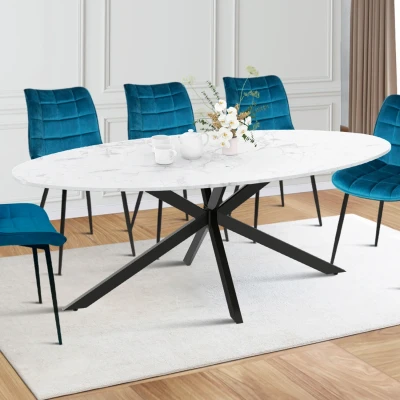 Imagen de IDMarket Alix Mesa de comedor ovalada para 10 personas, diseño araña metálica, color negro y bandeja efecto mármol, blanco Alaska