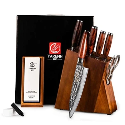 Imagen de Yarenh Juego Cuchillos Cocina Profesional 8 Piezas Cuchillo de Hecho Acero Damasco Japones Incluye Tijeras Bloque Madera Set Chef Ultra Filoso HTT Serie