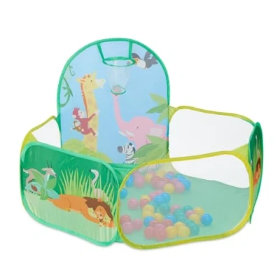 Imagen de Relaxdays Jirafa Piscina Bolas, con 50 Bolitas y Canasta de Básquet, Parque Exagonal Niños, Pop Up, 81x129x108 cm, Multicolor, (10035298)