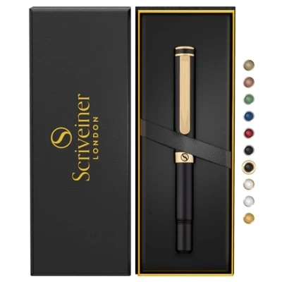 Imagen de Scriveiner Bolígrafo Rollerball EDC Negro de Lujo, Impresionante Bolsillo con Acabado en Oro 24K, Recambio Schmidt Alemán, Buen Regalo, Elegante Set Diseño para Oficina