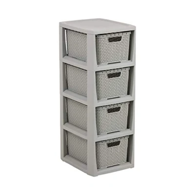 Imagen de BranQ Home essential Estantería en diseño de ratán, plástico PP sin bisfenol A, Gris Claro, 29,5 x 24 64,2 cm, Polipropileno, 4 Körben