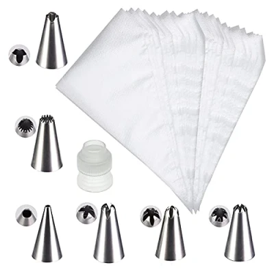 Imagen de Manga Pastelera, 100 Pcs Mangas Pasteleras Desechables con 1 Profesional Adaptadora y 6 Reutilizable Boquillas, Bolsas de Pastelería Desechable Set para Decoración Pasteles 30 * 20cm