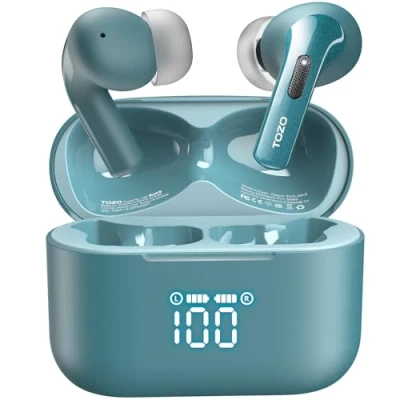 Imagen de TOZO T20 Auriculares inalámbricos Micrófono Dual Llamada Bluetooth 5.3 con cancelación de Ruido Smart LED Rango 7 mm Incorporado Altavoces Verde