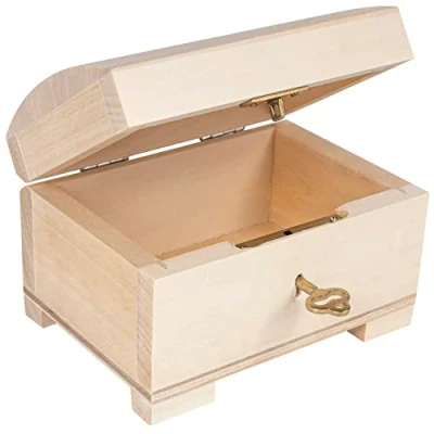 Imagen de Creative DECO Pequeña Caja de Madera con Llave 10,6 x 7,5 cm Cerradura y Tapa Redondeada Sin Pintar Cofre para Decorar Almacenar Joyería Objetos Valor Navidad