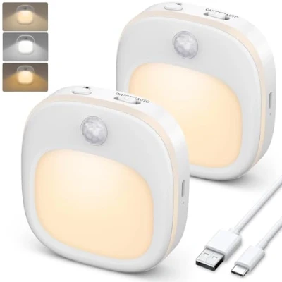 Imagen de ANOPU Luz Nocturna con Sensor de Movimiento, [2 Piezas] Infantil USB C Recargable 3 Modos Color (Cálido/Frío/Mixto), 15% 100% Regulable, LED Adhesiva para Escaleras, Pasillo