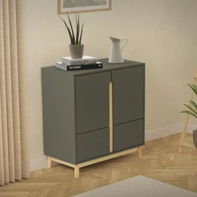 Imagen de ML Desing Aparador Alto 80x40x86cm Verde Natural Cómoda con Pies de Pino Cajonera 4 Puertas y Compartimentos Mueble Diseño Armario Almacenaje Buffet para Salón Recibidor