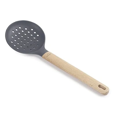 Imagen de Lacor 68188 Espumadera Silicona Unite, Paleta Agujereada Profesional, Mango de Madera Haya, No Daña la Sartén, Resistente a Altas Temperaturas, Libre BPA, Largo: 34 cm, Ø11, Gris