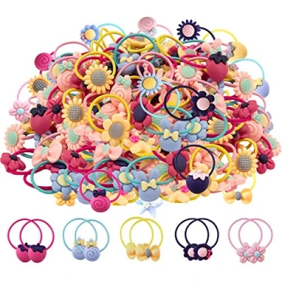 Imagen de 100 Piezas Mezcla de colores Lazos para el Cabello niñas Bandas goma suave Soportes cola caballo Accesorios (50 pares) …