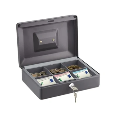 Imagen de Relaxdays Caja de Dinero Llaves, 5 Compartimentos Monedas y 4 Billetes, Hierro, 8,5x30,5x24,5 cm, Gris
