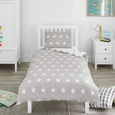 Imagen de Bloomsbury Mill Juego de Funda Nórdica Reversible para Niños y Niñas Estrellas Gris &amp; Blanco Edredón Individual Almohadas Cama Infantil 135 x 200 cm