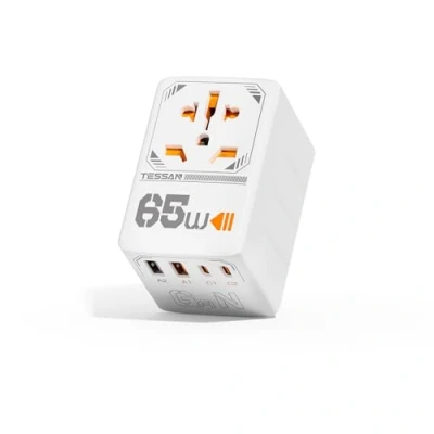 Imagen de TESSAN 65W GaN Adaptador de viaje con USB C, Cargador C Carga Rápida, Universal Enchufe 2 A, pour UK, USA, Australia Tailandia