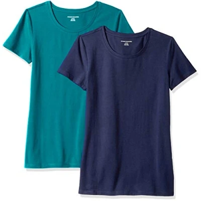 Imagen de Amazon Essentials Camiseta de Cuello Caja Manga Corta y Ajuste Clásico Mujer, Pack 2, Azul Marino/Verde Oscuro, L