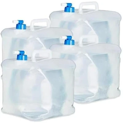 Imagen de Relaxdays 10020963 Juego de 4 contenedores agua plegables, bote potable para festivales y campamentos, 15L, transparente / azul
