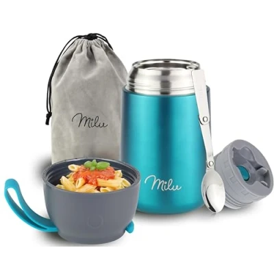 Imagen de Milu Termo para Comida 300ml, 440ml, 450ml, 650ml, 800ml Taza Aislada, Botella de Acero Inoxidable Aislada Alimentos, Beber y sopa los niños adultos A prueba fugas Térmico (650ml/Verde)