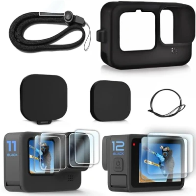 Imagen de FiTSTILL Funda de silicona para Go Pro Hero 12/Hero 11/Hero 10/Hero 9 negro, tapas lente, protectores pantalla y cordón 12/11/10/9, kit accesorios negros